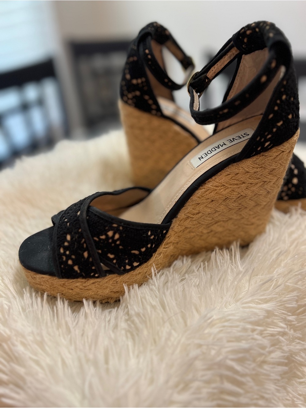 Steve Madden Black Lace Espadrille Wedge Sandals with Jute Platform